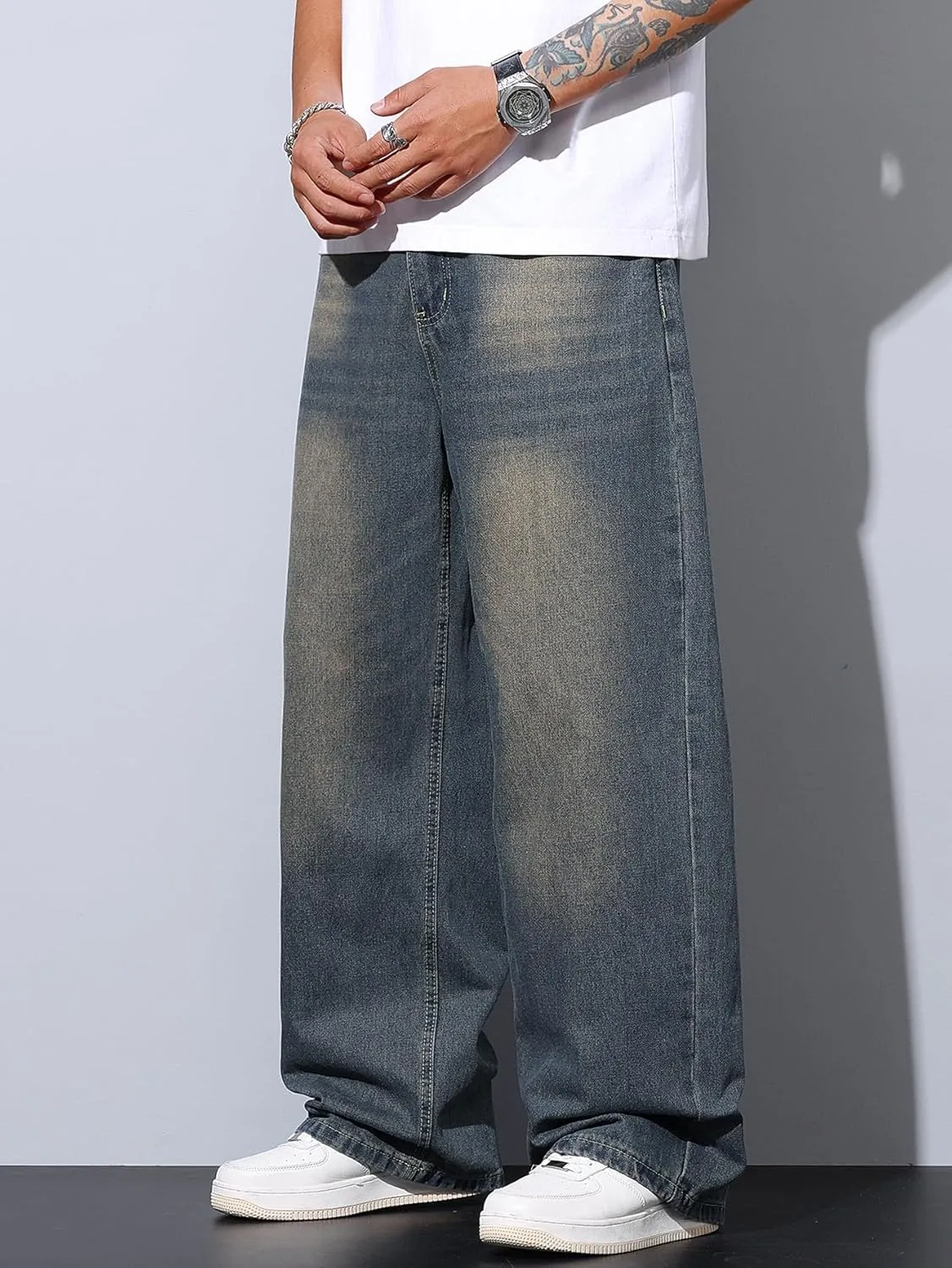Mens Wide Leg Baggy Jeans Y2k Casual Fashion Loose Denim Pants Work Office Streetwear
