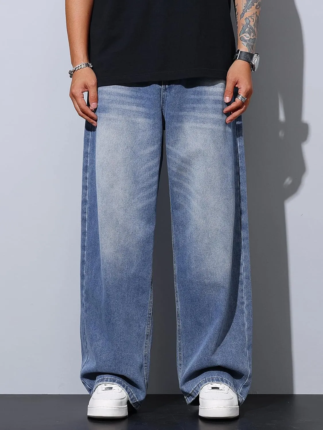 Mens Wide Leg Baggy Jeans Y2k Casual Fashion Loose Denim Pants Work Office Streetwear