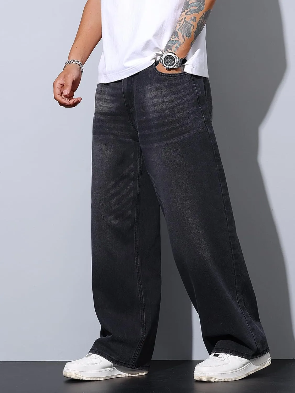 Mens Wide Leg Baggy Jeans Y2k Casual Fashion Loose Denim Pants Work Office Streetwear
