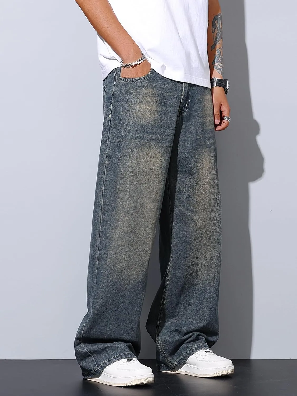 Mens Wide Leg Baggy Jeans Y2k Casual Fashion Loose Denim Pants Work Office Streetwear