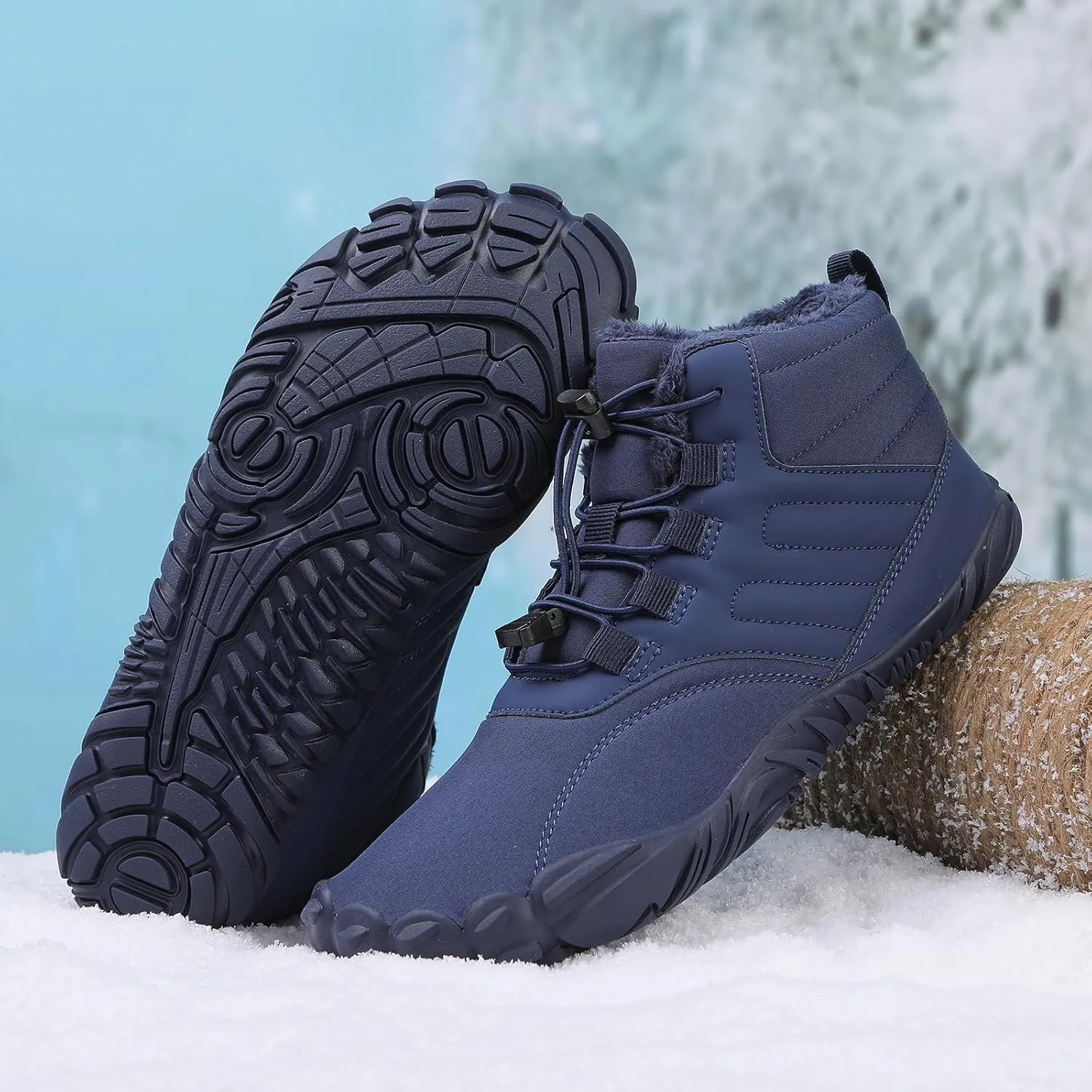 Men's Women's Winter Snow Boots, Slip On Warm Fur Lined Zero Drop Barefoot Hiking Boots, Wide Toe Box Ankle Booties, Minimalist Waterproof Non-Slip Sneakers Hike Shoes for Hiking Walking Outdoor
