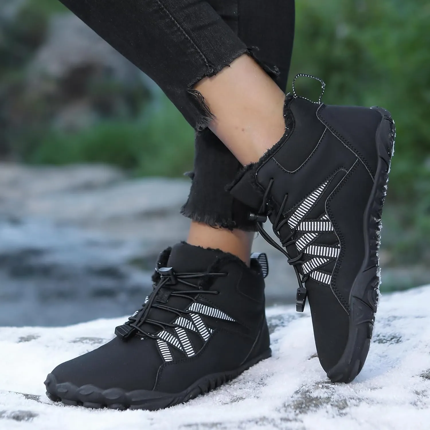 Men's Women's Winter Snow Boots, Slip On Warm Fur Lined Zero Drop Barefoot Hiking Boots, Wide Toe Box Ankle Booties, Minimalist Waterproof Non-Slip Sneakers Hike Shoes for Hiking Walking Outdoor
