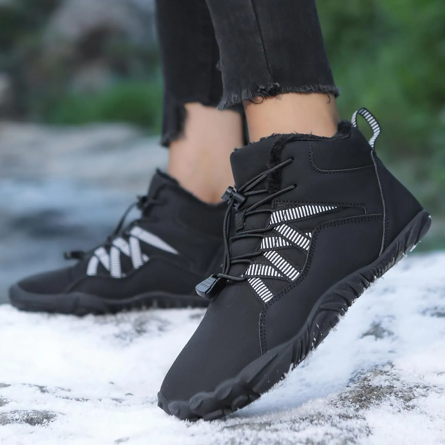 Men's Women's Winter Snow Boots, Slip On Warm Fur Lined Zero Drop Barefoot Hiking Boots, Wide Toe Box Ankle Booties, Minimalist Waterproof Non-Slip Sneakers Hike Shoes for Hiking Walking Outdoor