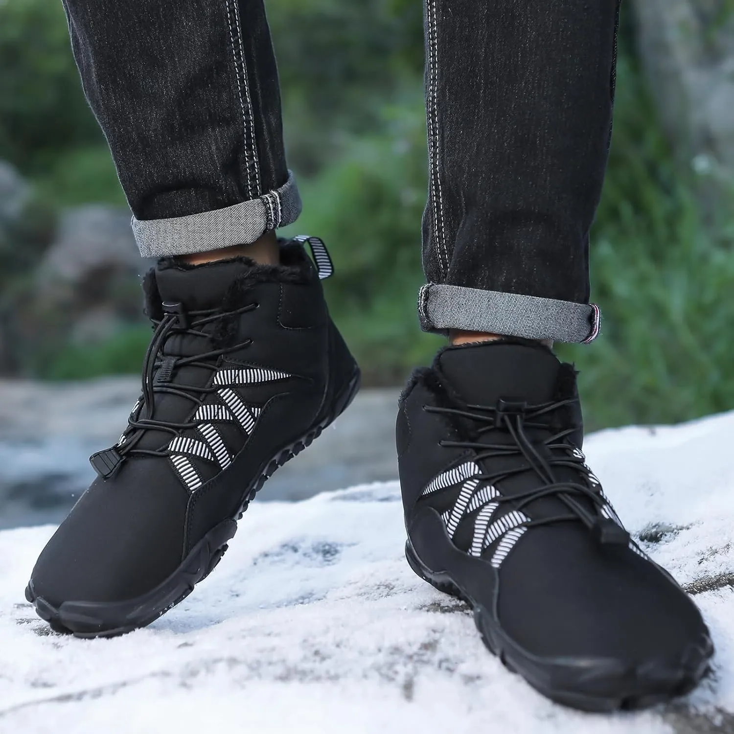 Men's Women's Winter Snow Boots, Slip On Warm Fur Lined Zero Drop Barefoot Hiking Boots, Wide Toe Box Ankle Booties, Minimalist Waterproof Non-Slip Sneakers Hike Shoes for Hiking Walking Outdoor