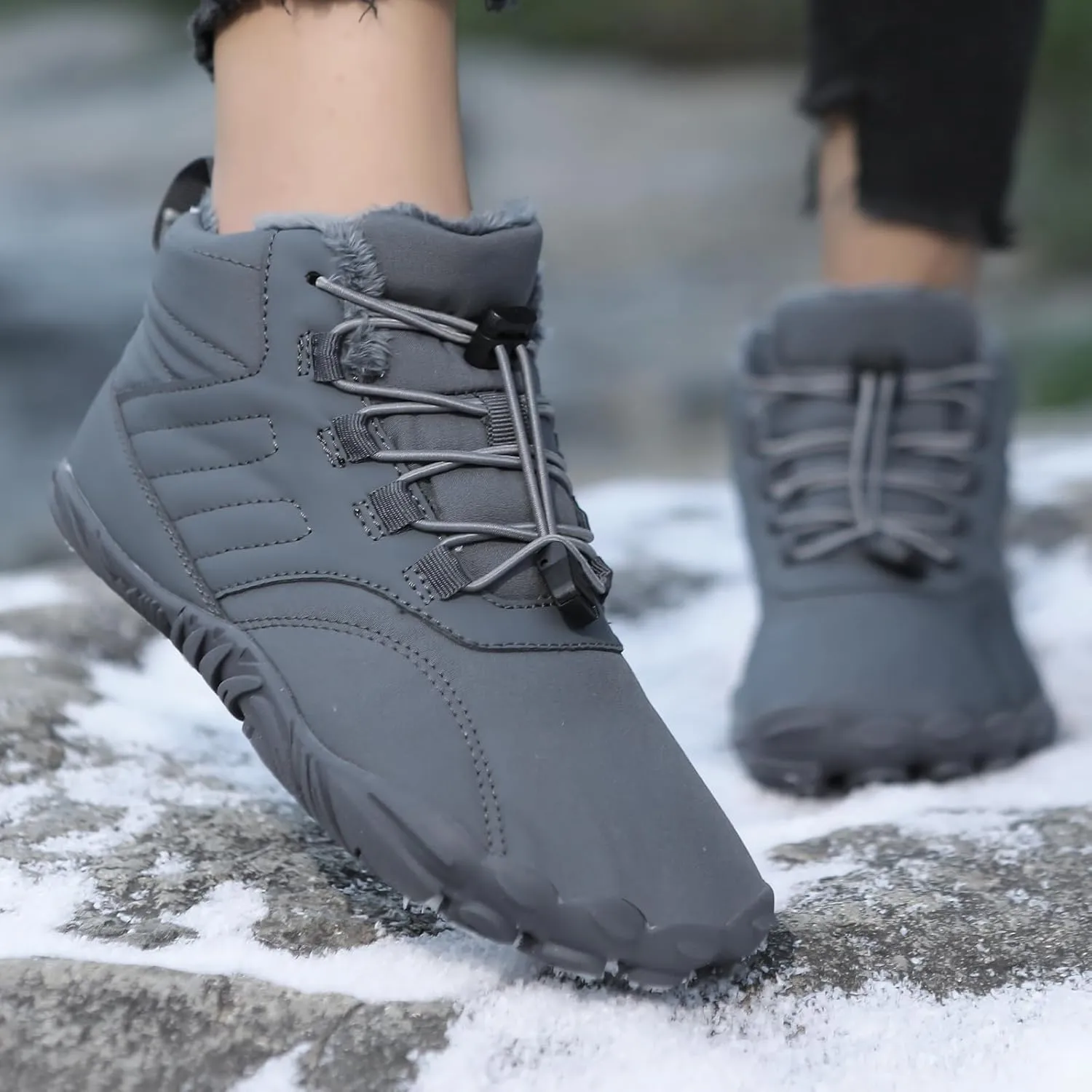Men's Women's Winter Snow Boots, Slip On Warm Fur Lined Zero Drop Barefoot Hiking Boots, Wide Toe Box Ankle Booties, Minimalist Waterproof Non-Slip Sneakers Hike Shoes for Hiking Walking Outdoor