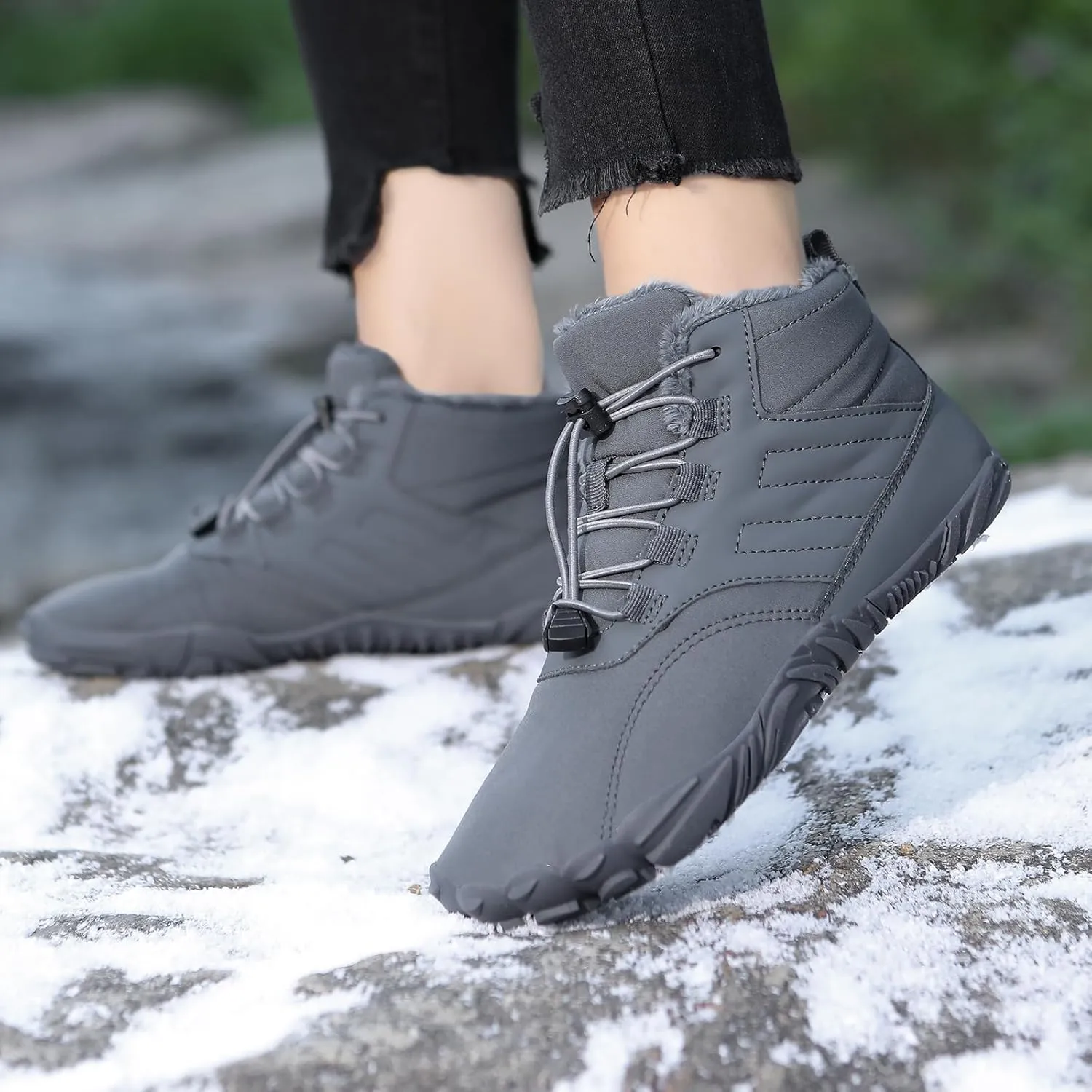 Men's Women's Winter Snow Boots, Slip On Warm Fur Lined Zero Drop Barefoot Hiking Boots, Wide Toe Box Ankle Booties, Minimalist Waterproof Non-Slip Sneakers Hike Shoes for Hiking Walking Outdoor