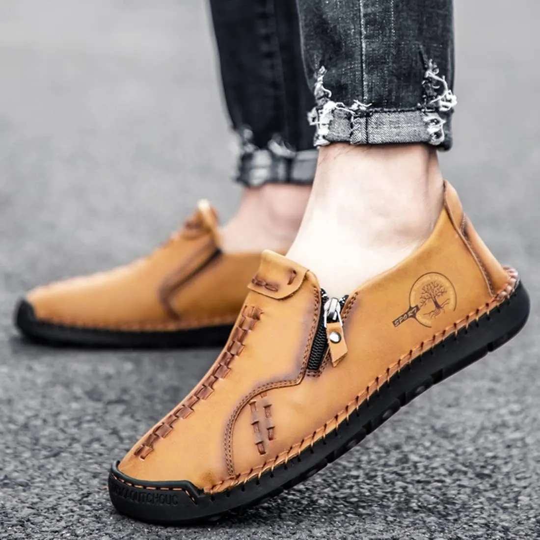 Minishion Mens Loafers Outdoor Zip Retro Work Shoes 8812#