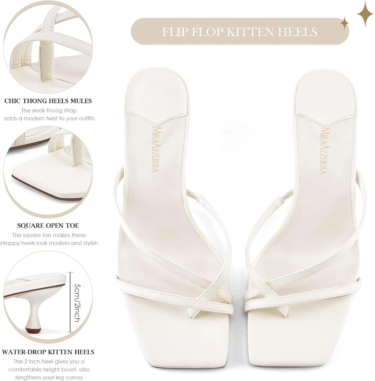 MIRAAZZURRA Flip Flop Kitten Heels Square Open Toe Thong Low Heels Strappy Slip On Slide Sandals Daily Party Shoes