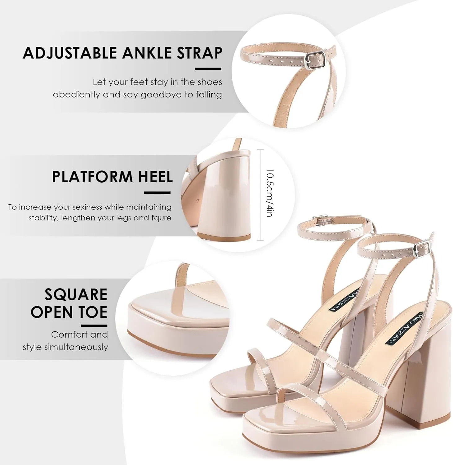 MIRAAZZURRA Platform Strappy Heel Sandals Square Open Toe Two Strap Chunky High Heeled Sandals with Buckle Ankle Strap for Women Party Wedding Dress