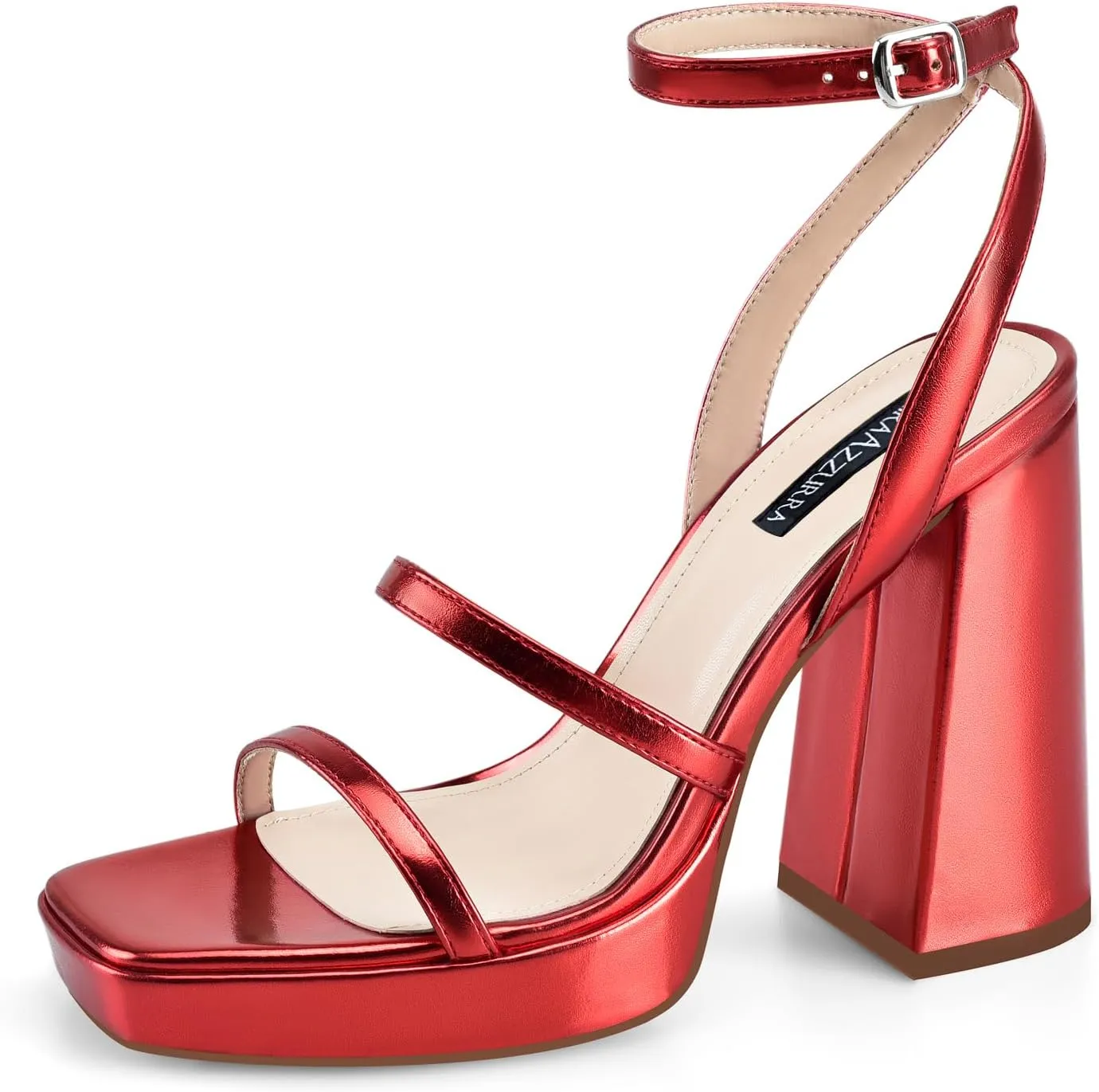 MIRAAZZURRA Platform Strappy Heel Sandals Square Open Toe Two Strap Chunky High Heeled Sandals with Buckle Ankle Strap for Women Party Wedding Dress