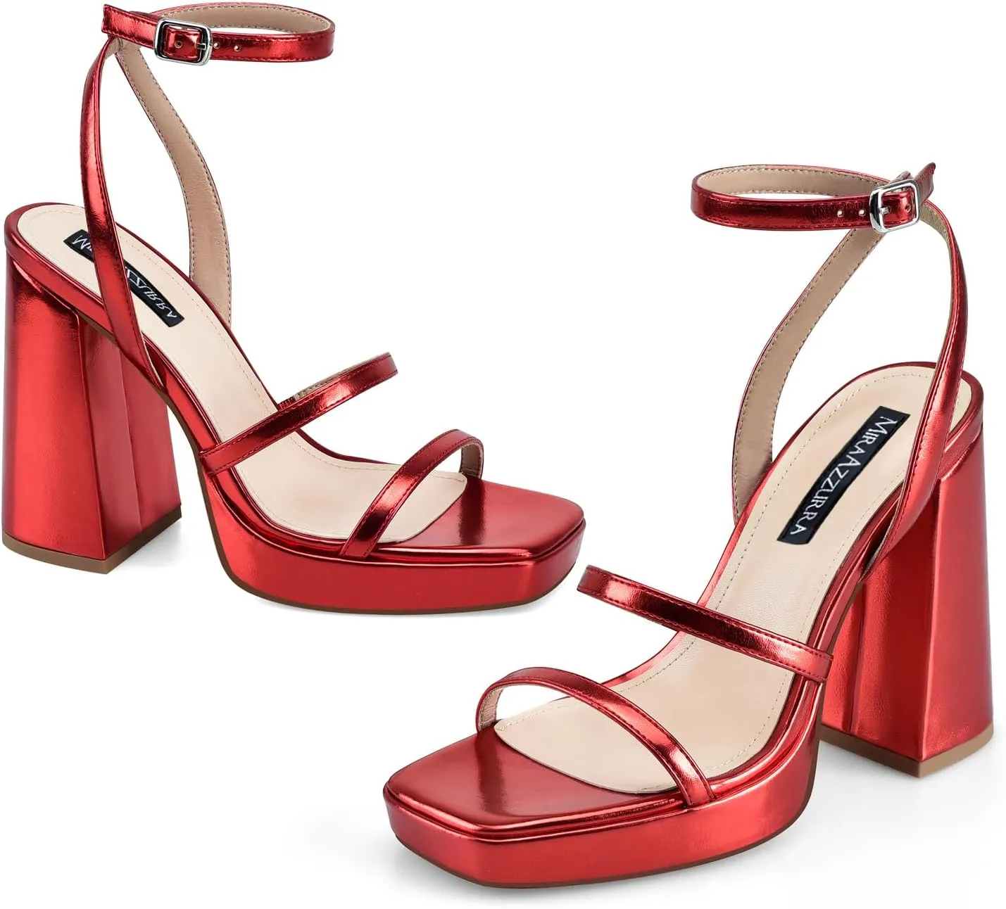 MIRAAZZURRA Platform Strappy Heel Sandals Square Open Toe Two Strap Chunky High Heeled Sandals with Buckle Ankle Strap for Women Party Wedding Dress