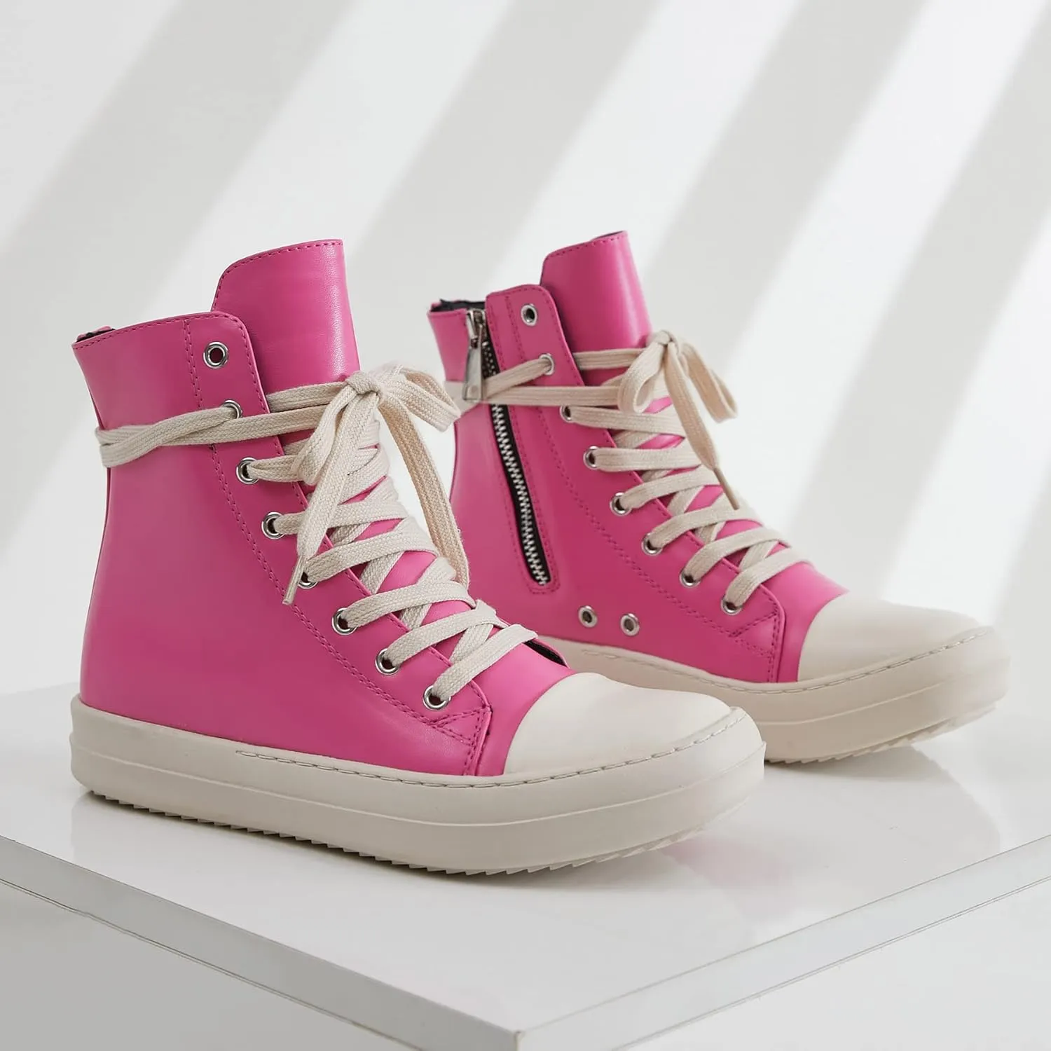 MOFEEDOUKA Womens High Top Sneakers Lace Up Comfort Platform Walking Canvas Shoes with Zipper