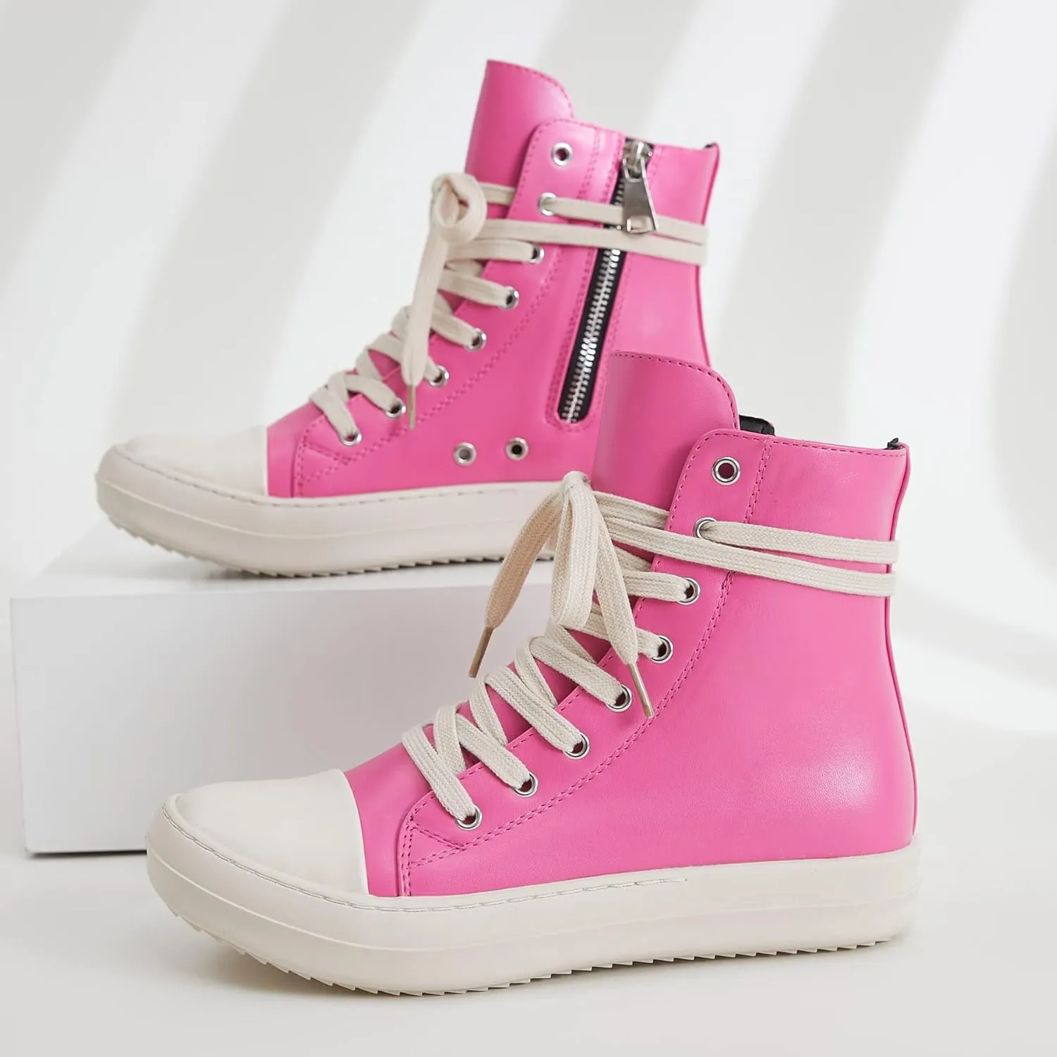 MOFEEDOUKA Womens High Top Sneakers Lace Up Comfort Platform Walking Canvas Shoes with Zipper