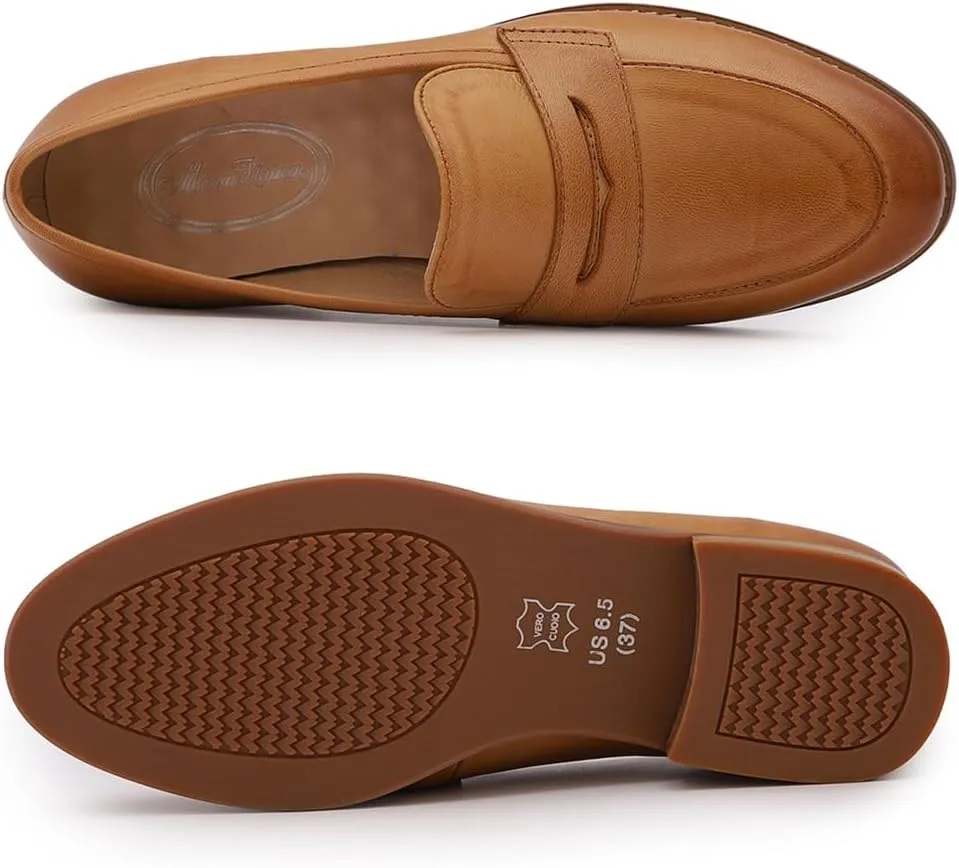 Mona flying Women's Comfort Leather Round Toe Penny Loafers Dress Casual Slip On Flats Ladies Office Work Shoes