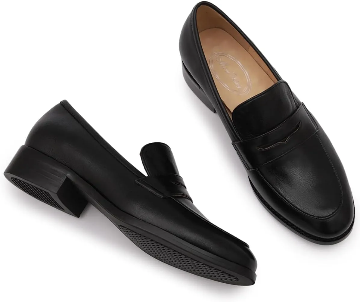 Mona flying Women's Comfort Leather Round Toe Penny Loafers Dress Casual Slip On Flats Ladies Office Work Shoes