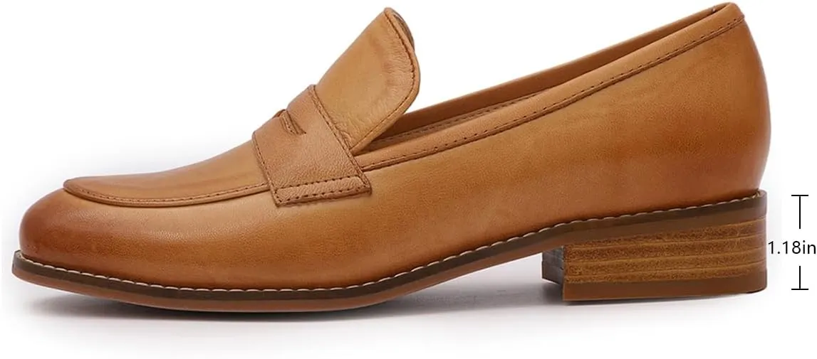 Mona flying Women's Comfort Leather Round Toe Penny Loafers Dress Casual Slip On Flats Ladies Office Work Shoes