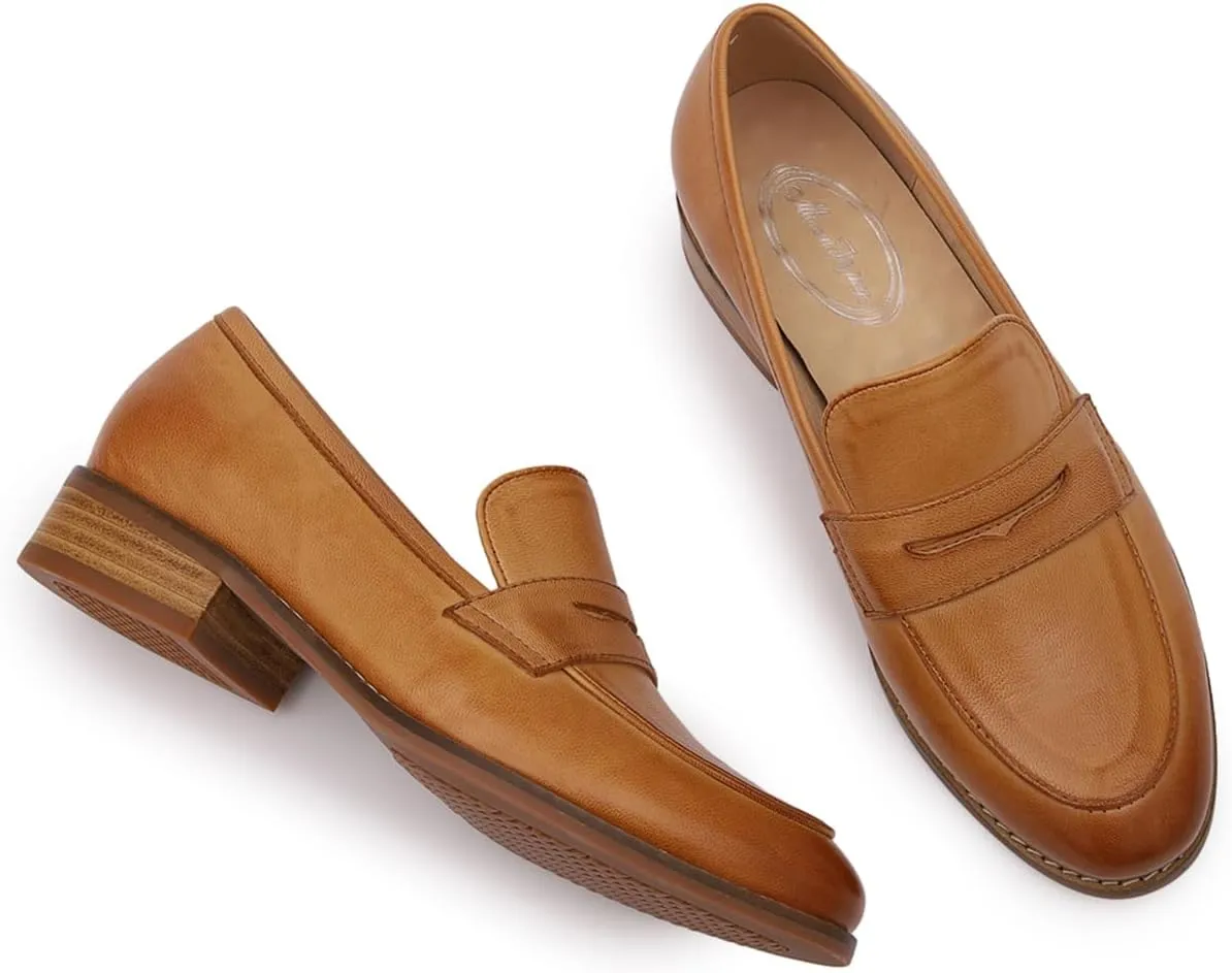 Mona flying Women's Comfort Leather Round Toe Penny Loafers Dress Casual Slip On Flats Ladies Office Work Shoes