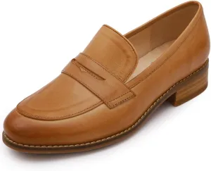 Mona flying Women's Comfort Leather Round Toe Penny Loafers Dress Casual Slip On Flats Ladies Office Work Shoes