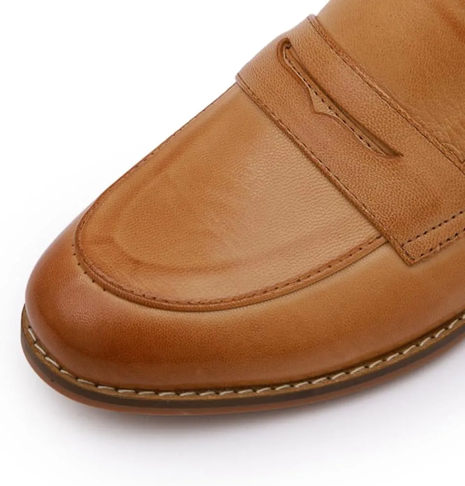 Mona flying Women's Comfort Leather Round Toe Penny Loafers Dress Casual Slip On Flats Ladies Office Work Shoes