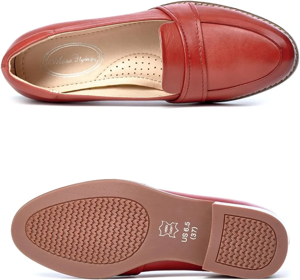 Mona flying Women's Leather Dress Penny Loafers Slip On Flats Office Ladies Casual Shoes