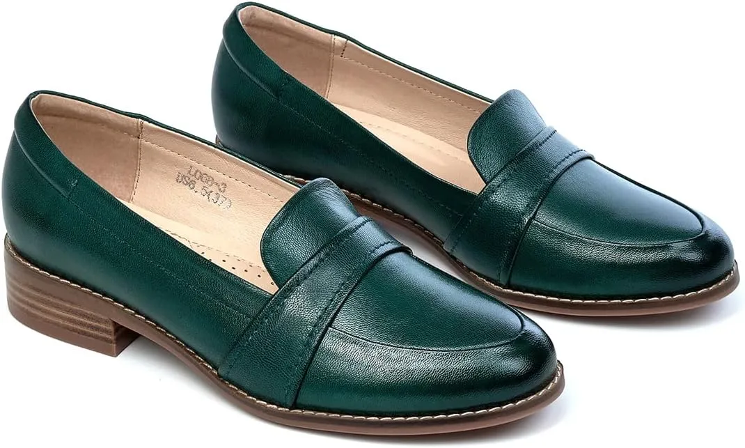 Mona flying Women's Leather Dress Penny Loafers Slip On Flats Office Ladies Casual Shoes