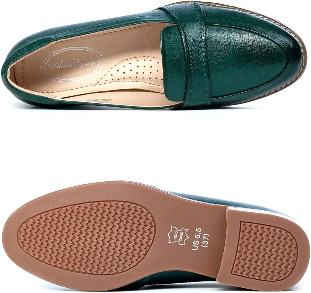 Mona flying Women's Leather Dress Penny Loafers Slip On Flats Office Ladies Casual Shoes
