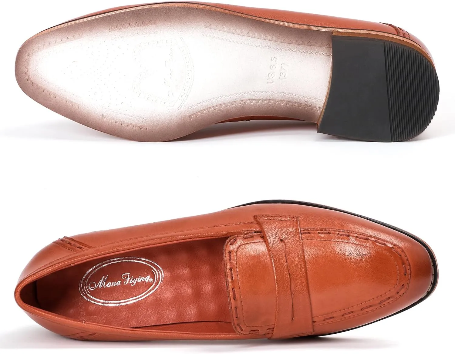 Mona flying Women's Leather Penny Loafers Slip On Flats Office Ladies Casual Shoes