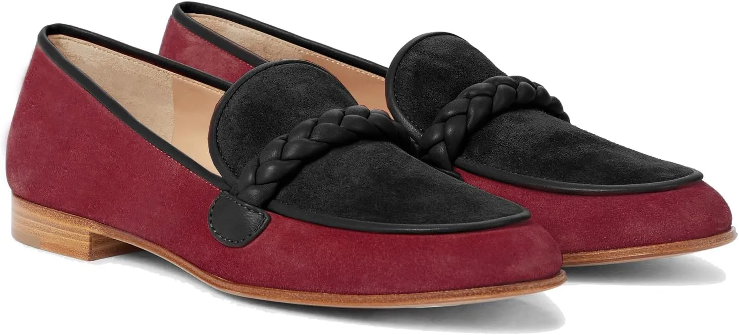 MOOMMO Women Comfortable Suede Loafer Flats Closed Round Toe Slip On Penny Loafers Knitted Strap Oxford Loafer Shoes for Office Ladies Work Daily Casual Club Driver Flats Spring Elegant 4-11 M US