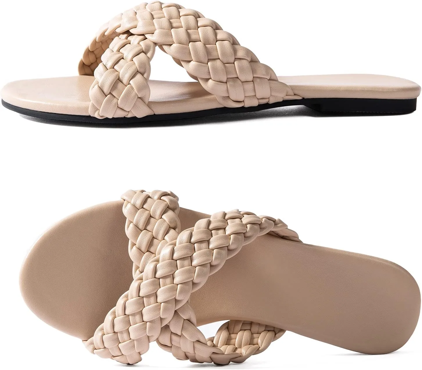 Mtzyoa Women Flat Sandals Braided Leather Crossover Nude Dressy Fashion Evening Party Wedding Sandals