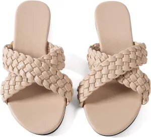 Mtzyoa Women Flat Sandals Braided Leather Crossover Nude Dressy Fashion Evening Party Wedding Sandals
