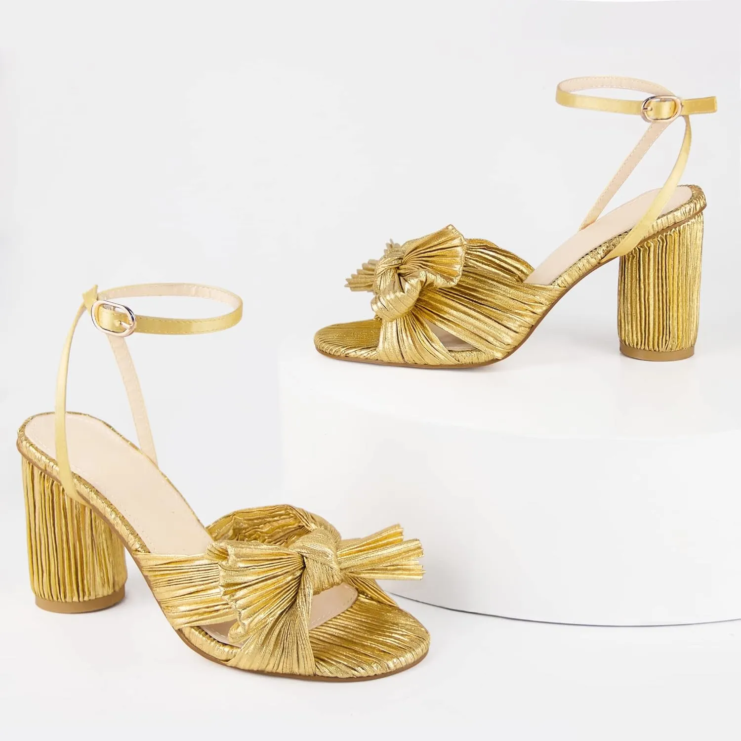 MUCCCUTE Women's Bow Knot Heeled Sandals Ankle Buckle Strap Chunky Heeled Open-toe Comfortable Wedding Party Fashion Heeled