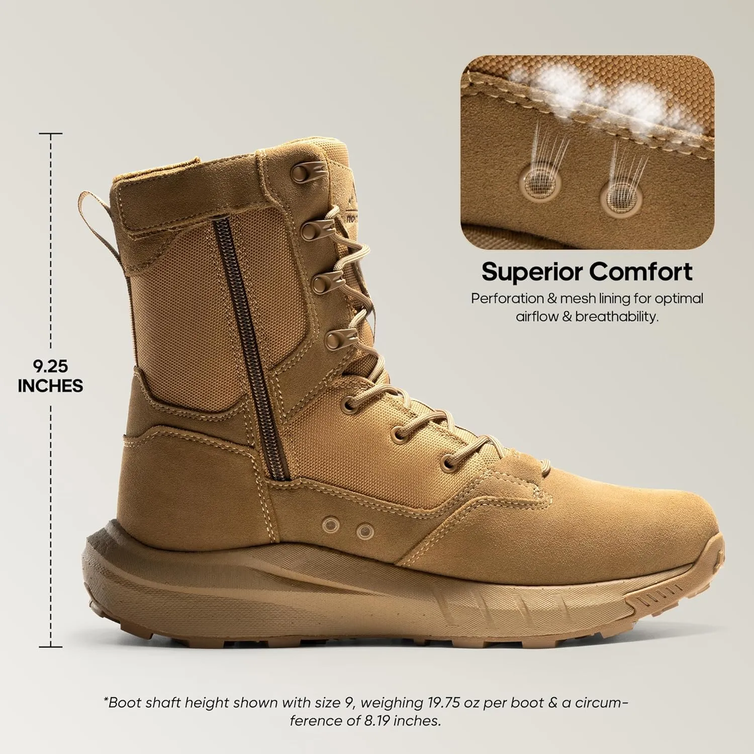 NORTIV 8 Men's Breathable Military Tactical Combat Boots Side Zipper Arch Support Leather Lightweight Motorcycle Work Hiking Boots 8 Inches DesertStorm