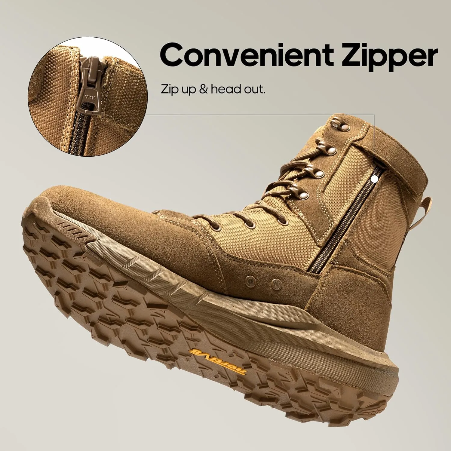 NORTIV 8 Men's Breathable Military Tactical Combat Boots Side Zipper Arch Support Leather Lightweight Motorcycle Work Hiking Boots 8 Inches DesertStorm