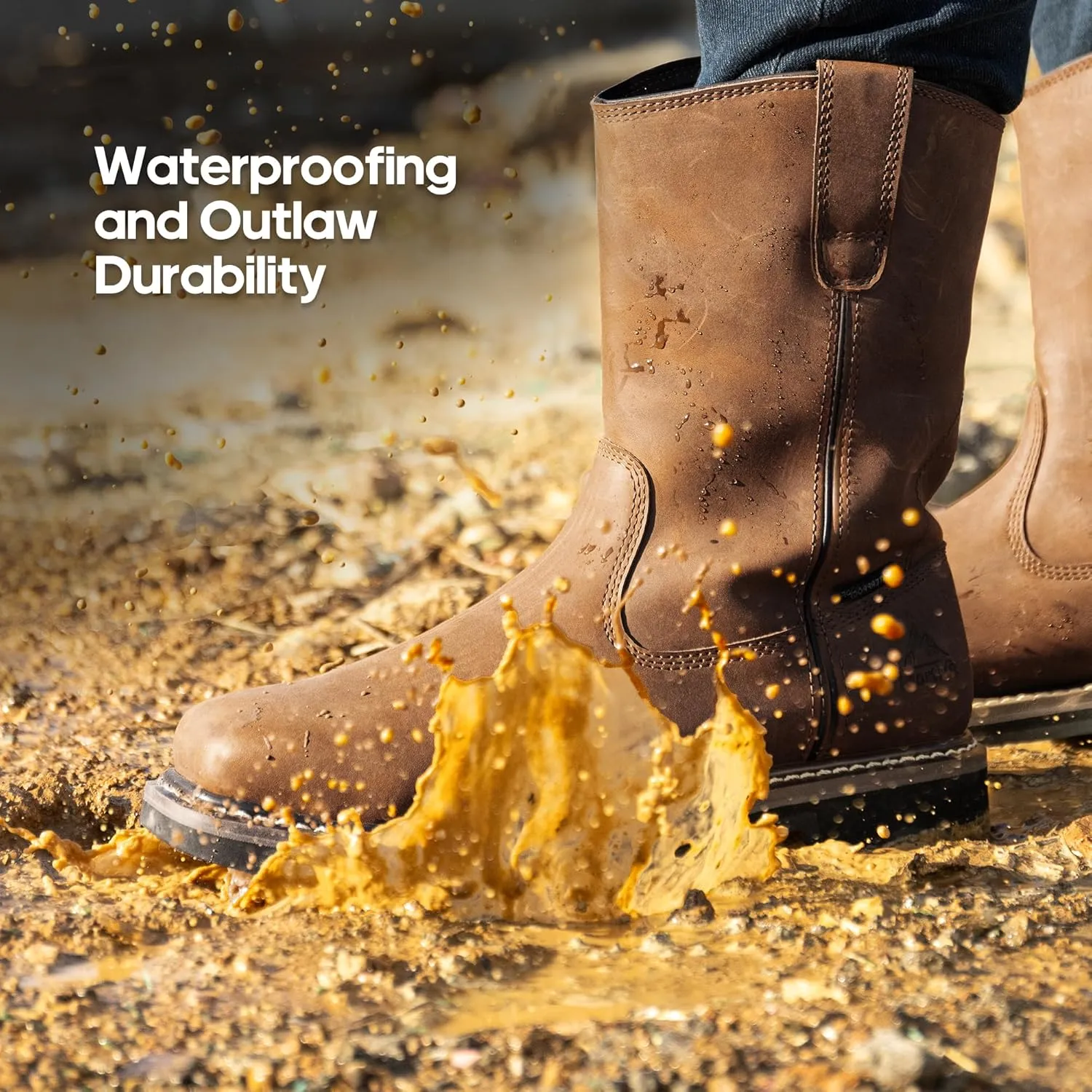 NORTIV 8 Steel Toe Boots for Men Waterproof Pull-on Wellington Work Boots Bronco Stormrider