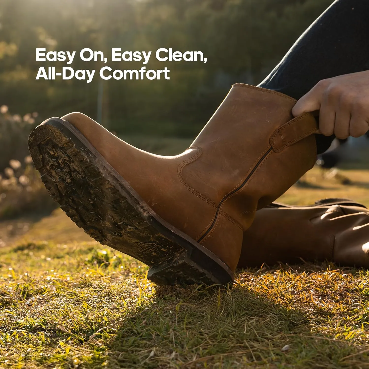 NORTIV 8 Steel Toe Boots for Men Waterproof Pull-on Wellington Work Boots Bronco Stormrider