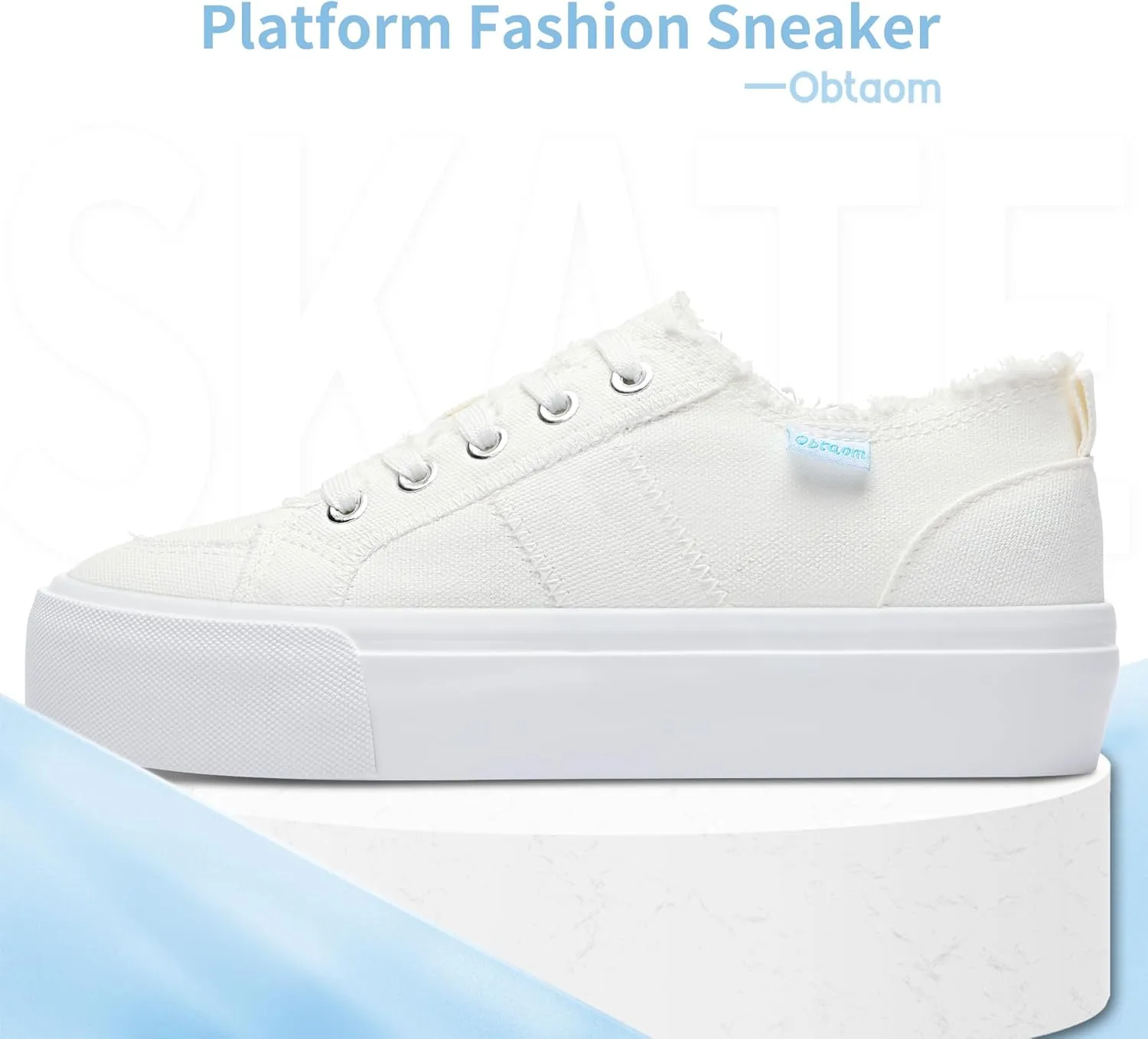 Obtaom Women Platform Canvas Sneakers White Comfort Play Fashion Sneakers Casual Lift Platform Lace Up Shoes Cute Low Top Walking Shoes for Lady