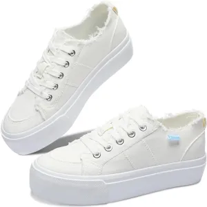 Obtaom Women Platform Canvas Sneakers White Comfort Play Fashion Sneakers Casual Lift Platform Lace Up Shoes Cute Low Top Walking Shoes for Lady
