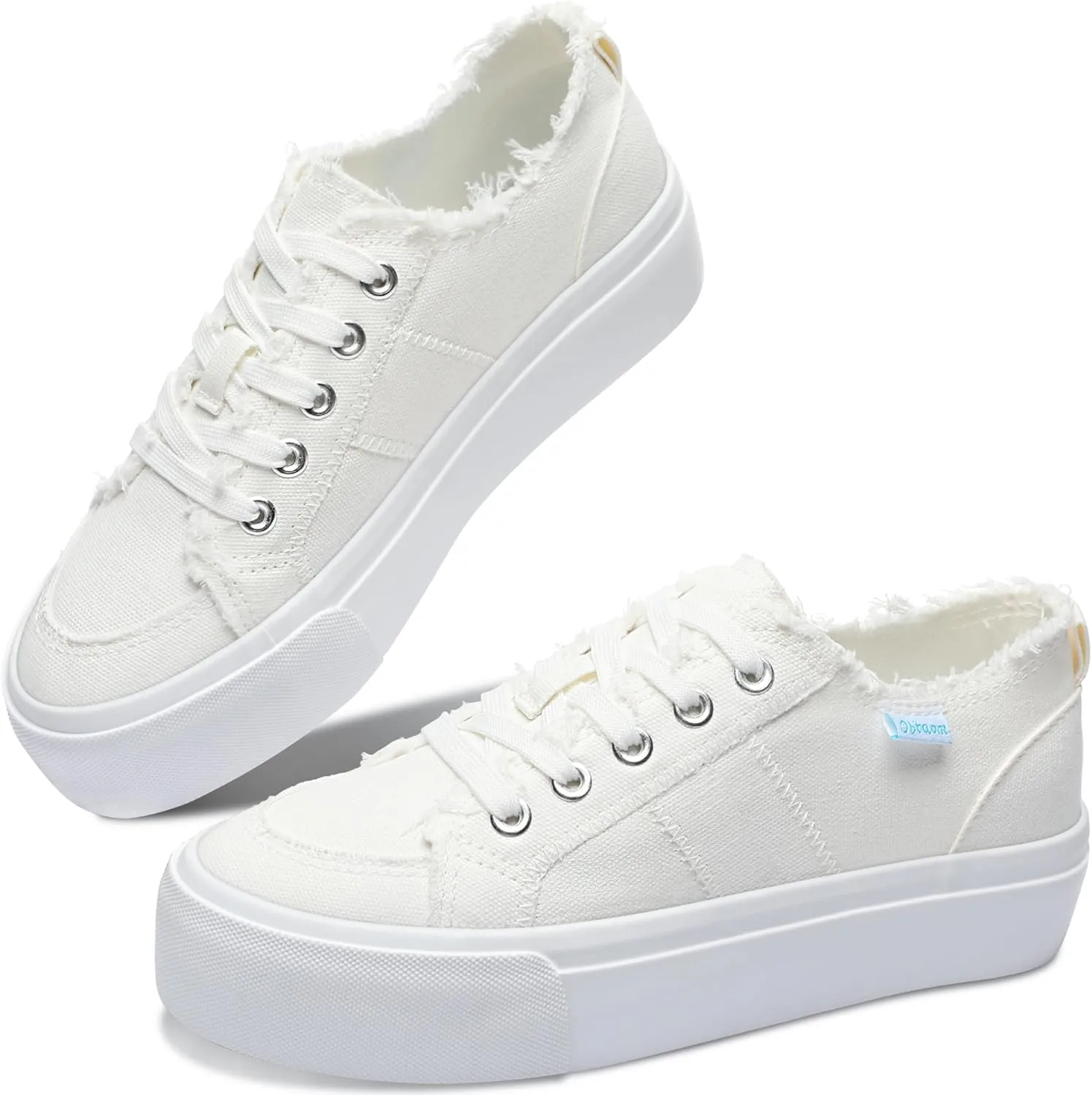 Obtaom Women Platform Canvas Sneakers White Comfort Play Fashion Sneakers Casual Lift Platform Lace Up Shoes Cute Low Top Walking Shoes for Lady