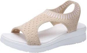 oiangi Knitted Wedge Sandals for Women Fashion Fish Mouth Open Toe Hollow Mesh Breathable Slip-on Platform Sport Sandals Summer Stretchy Comfy Walking Shoes
