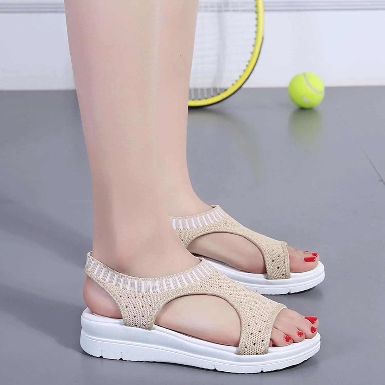 oiangi Knitted Wedge Sandals for Women Fashion Fish Mouth Open Toe Hollow Mesh Breathable Slip-on Platform Sport Sandals Summer Stretchy Comfy Walking Shoes