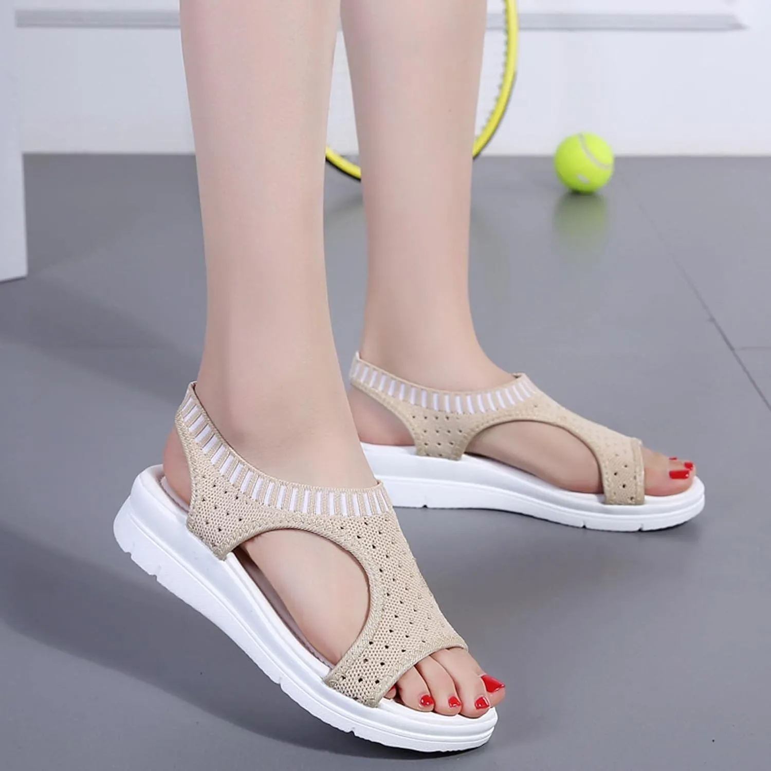 oiangi Knitted Wedge Sandals for Women Fashion Fish Mouth Open Toe Hollow Mesh Breathable Slip-on Platform Sport Sandals Summer Stretchy Comfy Walking Shoes