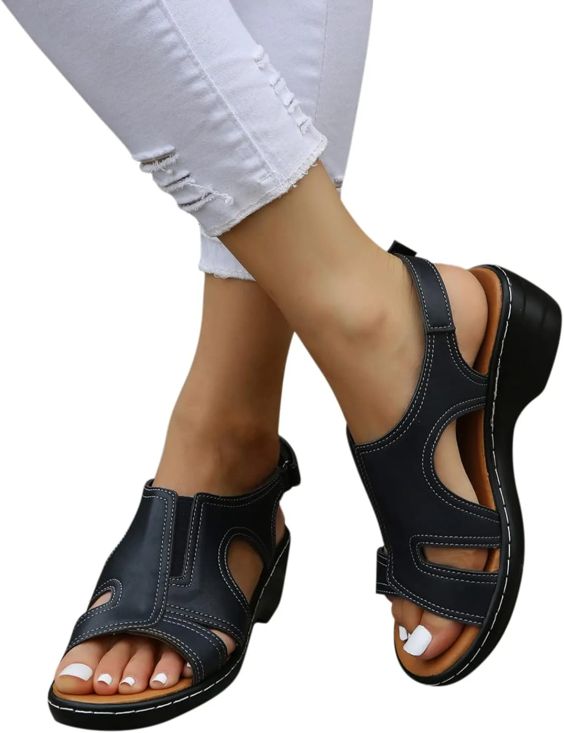 oiangi Wedge Sandals for Women Casual Summer Fish Mouth Open Toe Quilted Hook and Loop Hollow Slipper Lightweight Comfortable Outdoor Ladies Shoes