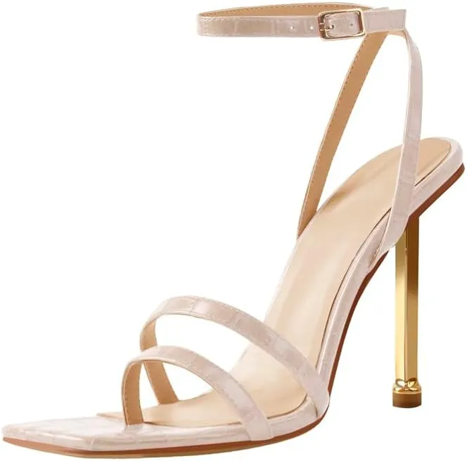 onlymaker Women's Fashion Square Toe Ankle Sandals Cross Buckle Strap Sexy Open-back Golden Stiletto High Heel Sandals