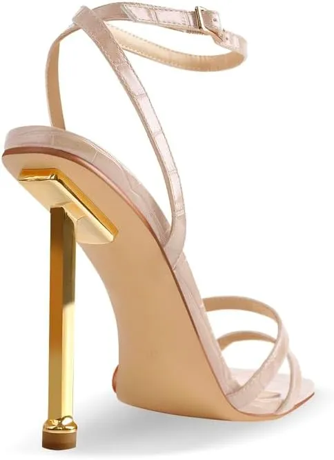 onlymaker Women's Fashion Square Toe Ankle Sandals Cross Buckle Strap Sexy Open-back Golden Stiletto High Heel Sandals