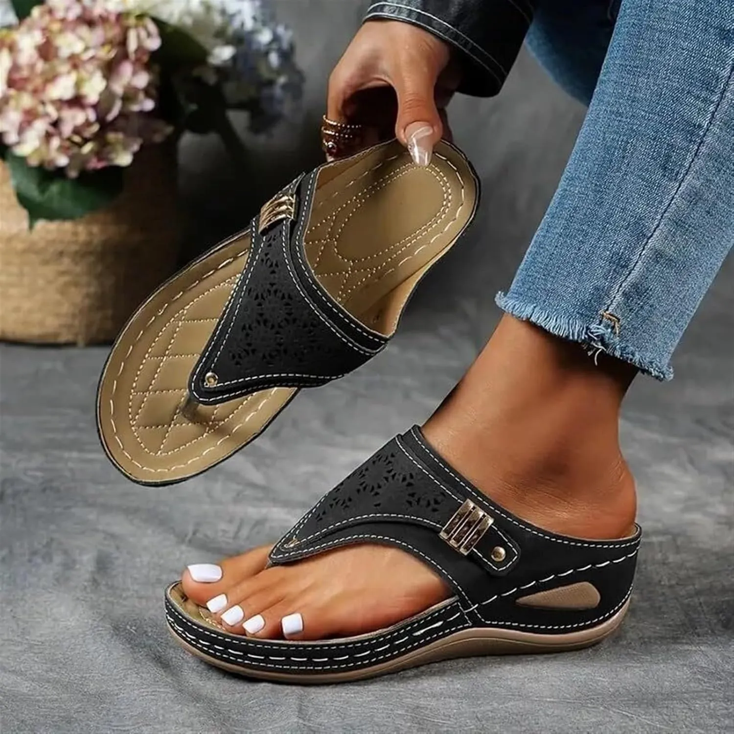 Orthopedic Sandals for Women Arch Support Platform Wedges Comfortable Flip Flops Slip on Mesh Hollow Sports Sandal