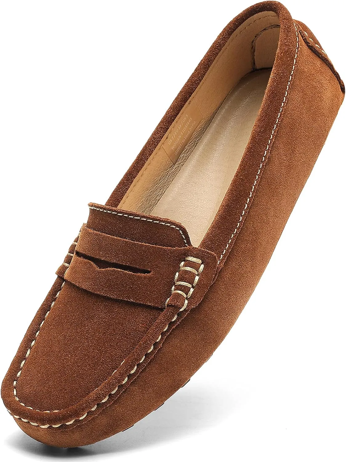 Osslue Women's Suede Leather Casual Penny Loafers Retro Ladies Moccasins Driving Mocs Comfort Slip-On Fashion Boat Shoes Classic Flats