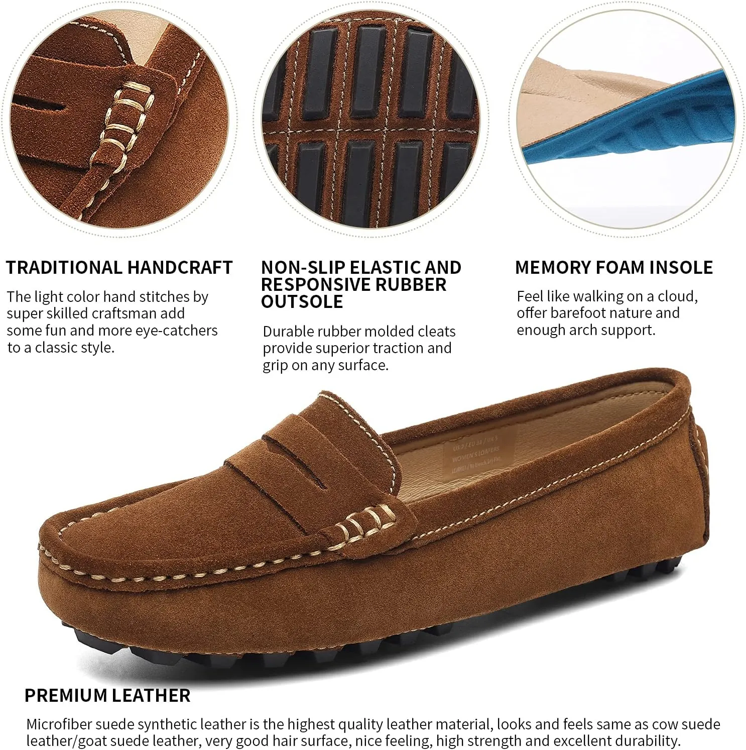 Osslue Women's Suede Leather Casual Penny Loafers Retro Ladies Moccasins Driving Mocs Comfort Slip-On Fashion Boat Shoes Classic Flats