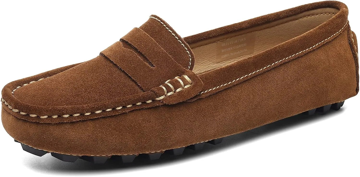 Osslue Women's Suede Leather Casual Penny Loafers Retro Ladies Moccasins Driving Mocs Comfort Slip-On Fashion Boat Shoes Classic Flats