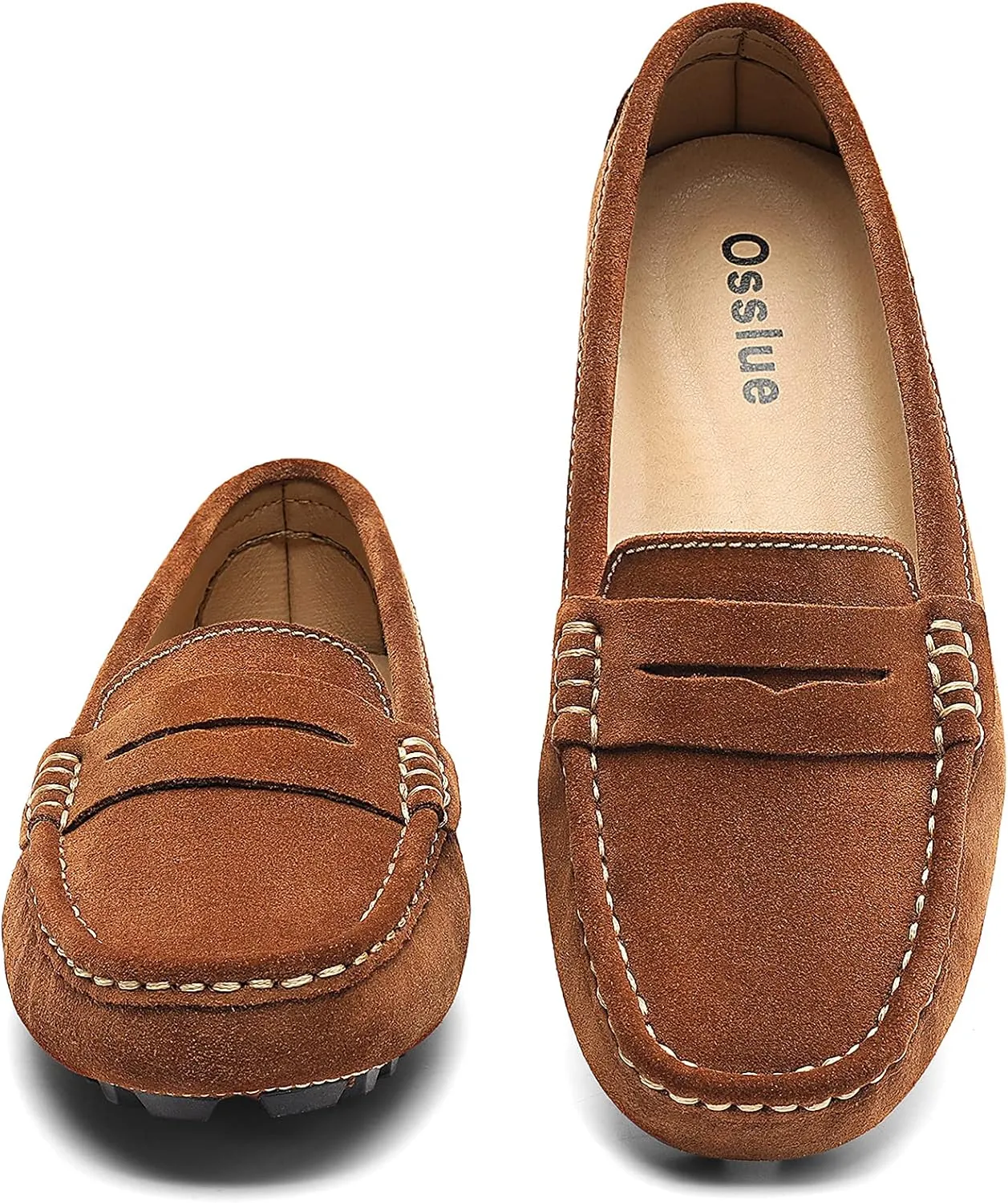 Osslue Women's Suede Leather Casual Penny Loafers Retro Ladies Moccasins Driving Mocs Comfort Slip-On Fashion Boat Shoes Classic Flats