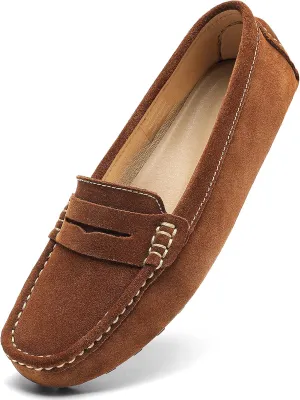 Osslue Women's Suede Leather Casual Penny Loafers Retro Ladies Moccasins Driving Mocs Comfort Slip-On Fashion Boat Shoes Classic Flats